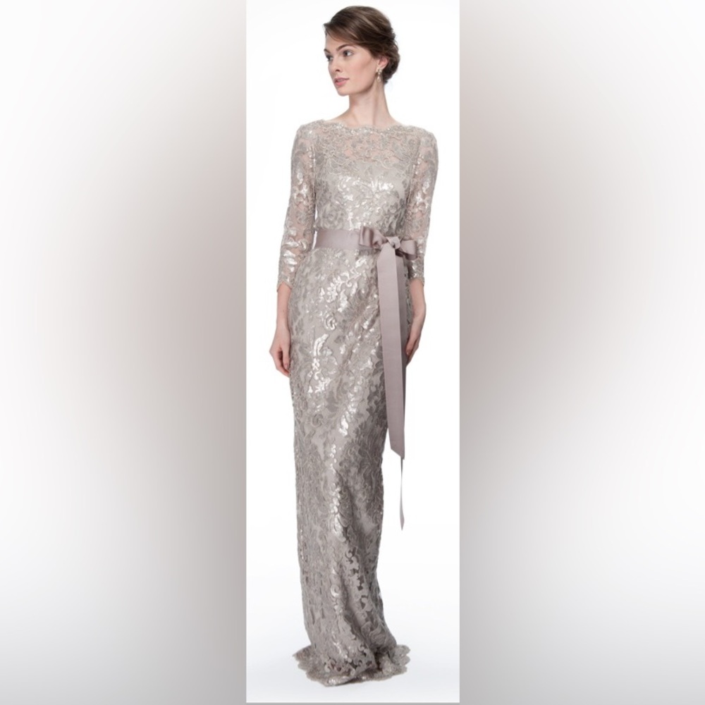 Tadashi‎ Shoji Boat Neck 3/4 Sleeve Sequin Lace Ribbon Belt Gown Dress  Sz 2